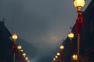 蓝鲸旅店剧照，夜晚亮着暖灯的旅店门廊